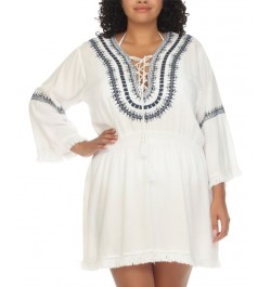 Plus Size Embroidered Lace-Up Cover-Up Dress White $32.64 Swimsuits