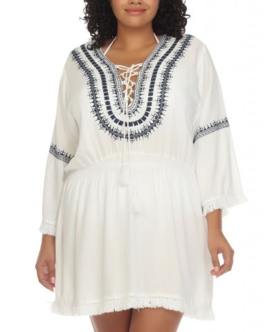 Plus Size Embroidered Lace-Up Cover-Up Dress White $32.64 Swimsuits