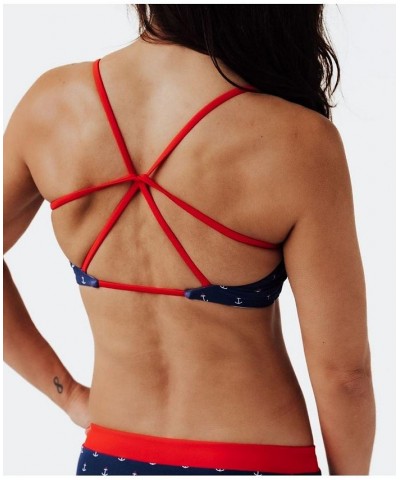 Women's Anchors Aweigh Strappy Swim Bikini Top Navy blue, white anchors, red trim $29.00 Swimsuits