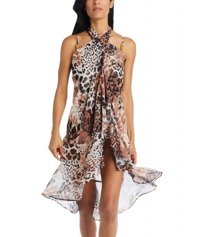 Women's Neutral Animal Ruffle Pareo Swim Cover-Up Brown Multi $43.61 Swimsuits