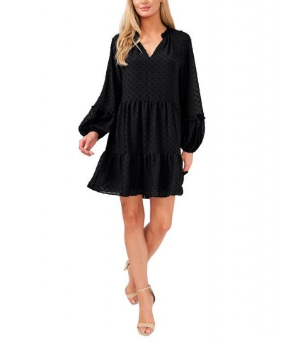 Women's Long Sleeve V-Neck Ruffled Clip-Dot Dress Rich Black $38.15 Dresses