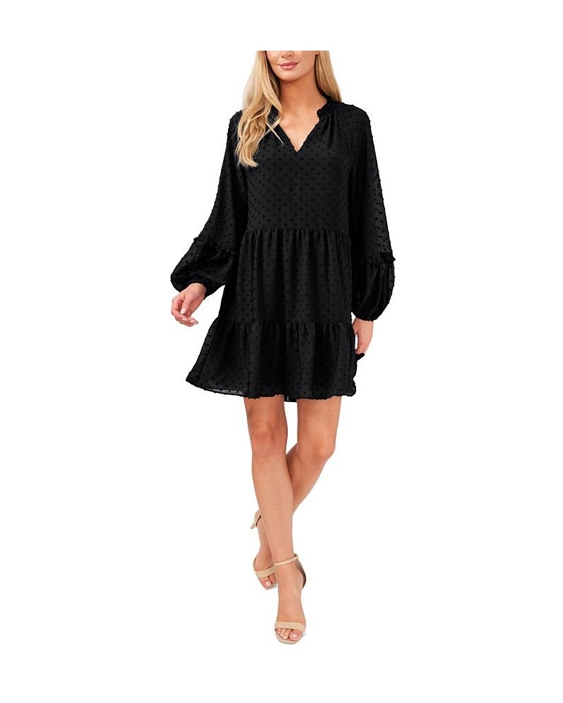 Women's Long Sleeve V-Neck Ruffled Clip-Dot Dress Rich Black $38.15 Dresses