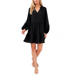 Women's Long Sleeve V-Neck Ruffled Clip-Dot Dress Rich Black $38.15 Dresses