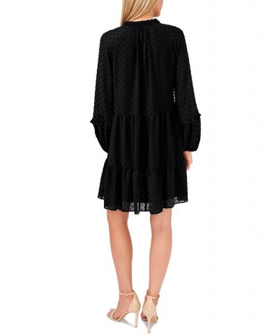 Women's Long Sleeve V-Neck Ruffled Clip-Dot Dress Rich Black $38.15 Dresses