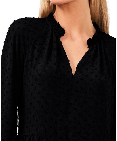 Women's Long Sleeve V-Neck Ruffled Clip-Dot Dress Rich Black $38.15 Dresses