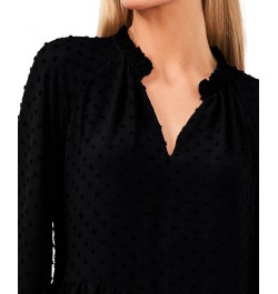 Women's Long Sleeve V-Neck Ruffled Clip-Dot Dress Rich Black $38.15 Dresses