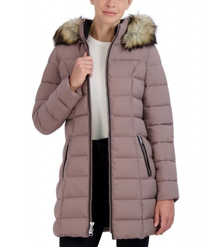 Women's Faux-Fur-Trim Hooded Puffer Coat Pink $55.80 Coats