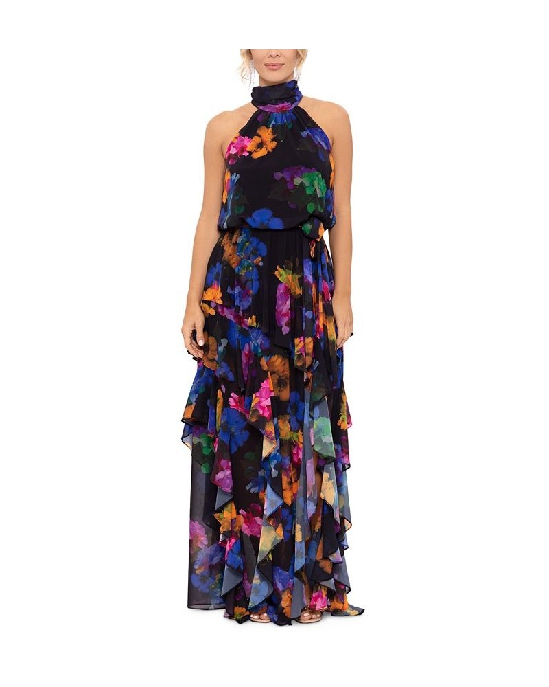 Women's Halter-Neck Printed Chiffon Dress Black Multi $118.49 Dresses