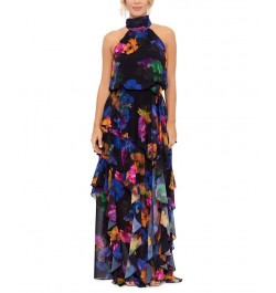 Women's Halter-Neck Printed Chiffon Dress Black Multi $118.49 Dresses