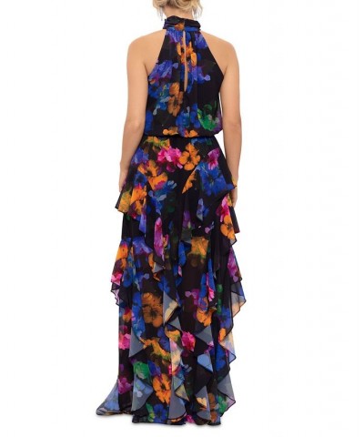 Women's Halter-Neck Printed Chiffon Dress Black Multi $118.49 Dresses