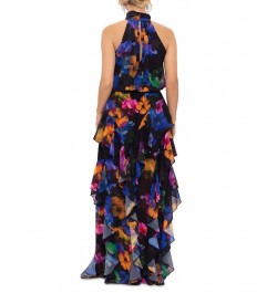 Women's Halter-Neck Printed Chiffon Dress Black Multi $118.49 Dresses