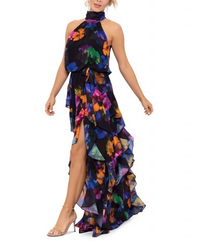 Women's Halter-Neck Printed Chiffon Dress Black Multi $118.49 Dresses