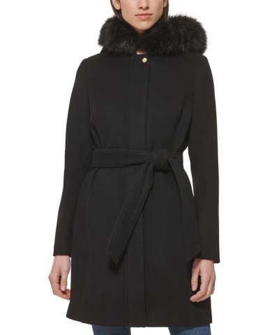 Women's Belted Faux-Fur-Trim Hooded Coat Black $100.00 Coats