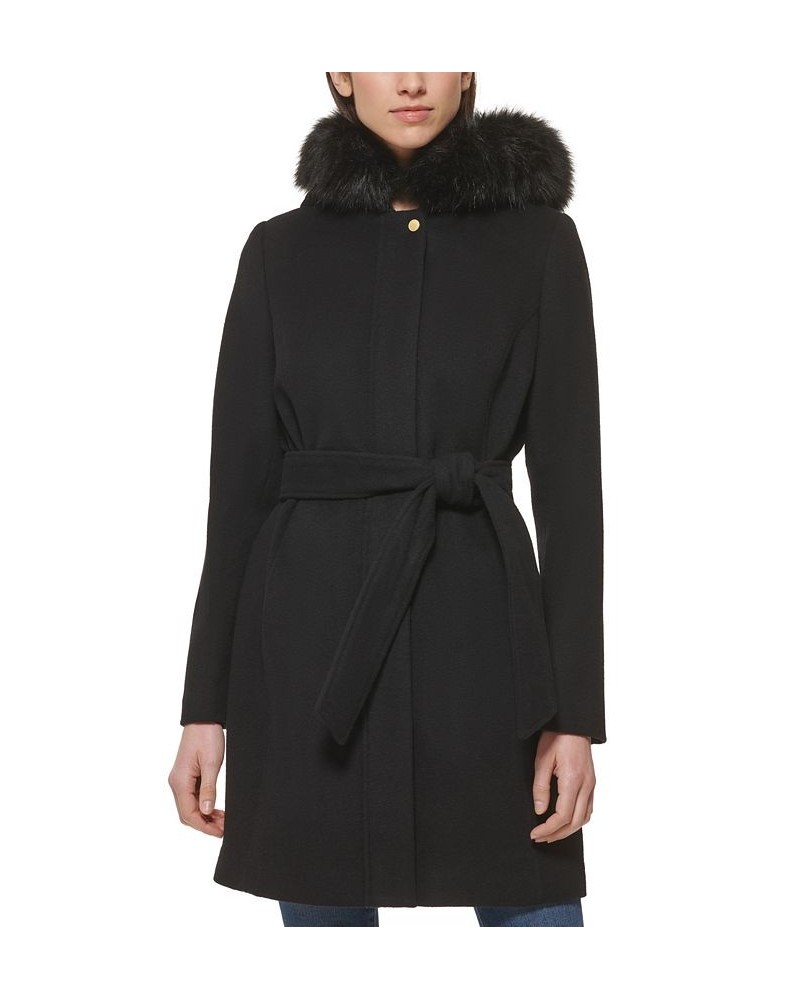 Women's Belted Faux-Fur-Trim Hooded Coat Black $100.00 Coats