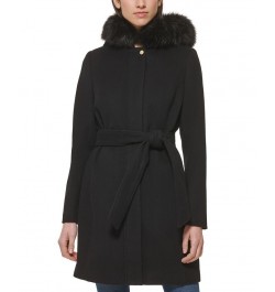 Women's Belted Faux-Fur-Trim Hooded Coat Black $100.00 Coats