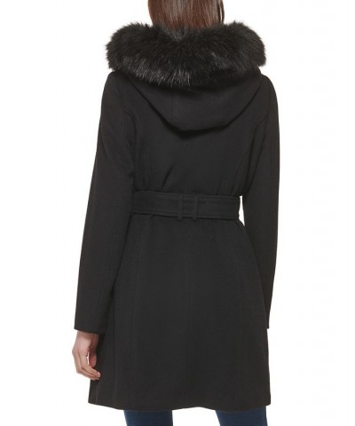 Women's Belted Faux-Fur-Trim Hooded Coat Black $100.00 Coats