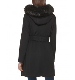 Women's Belted Faux-Fur-Trim Hooded Coat Black $100.00 Coats