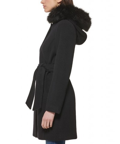 Women's Belted Faux-Fur-Trim Hooded Coat Black $100.00 Coats