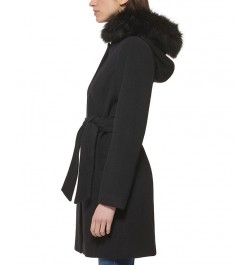 Women's Belted Faux-Fur-Trim Hooded Coat Black $100.00 Coats