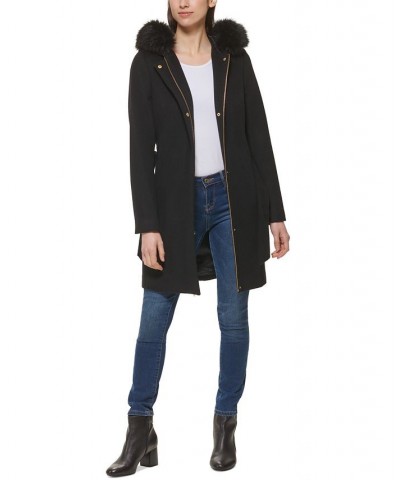 Women's Belted Faux-Fur-Trim Hooded Coat Black $100.00 Coats