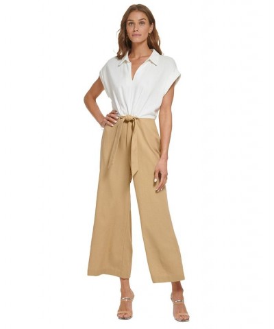 Women's Collared Colorblocked Tie-Waist Jumpsuit Ivory/Beige $44.64 Pants