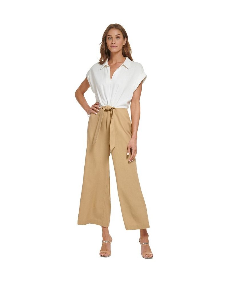 Women's Collared Colorblocked Tie-Waist Jumpsuit Ivory/Beige $44.64 Pants