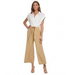 Women's Collared Colorblocked Tie-Waist Jumpsuit Ivory/Beige $44.64 Pants