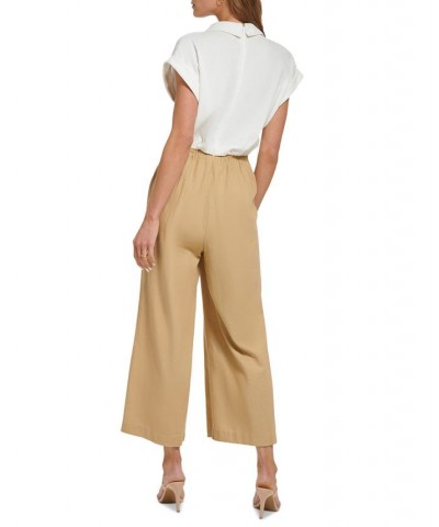 Women's Collared Colorblocked Tie-Waist Jumpsuit Ivory/Beige $44.64 Pants