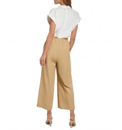 Women's Collared Colorblocked Tie-Waist Jumpsuit Ivory/Beige $44.64 Pants