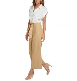 Women's Collared Colorblocked Tie-Waist Jumpsuit Ivory/Beige $44.64 Pants