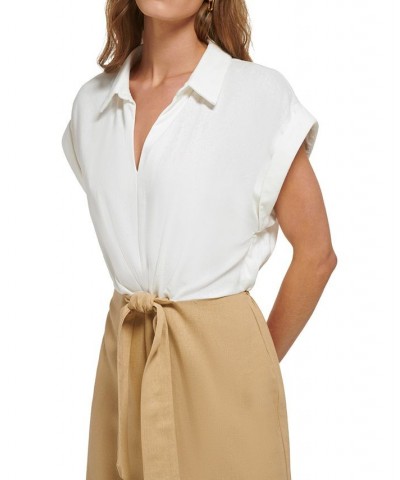 Women's Collared Colorblocked Tie-Waist Jumpsuit Ivory/Beige $44.64 Pants