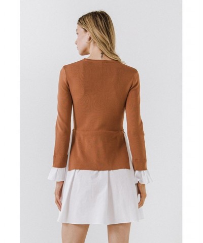 Women's Poplin Combo Knit Dress Brown $31.00 Dresses