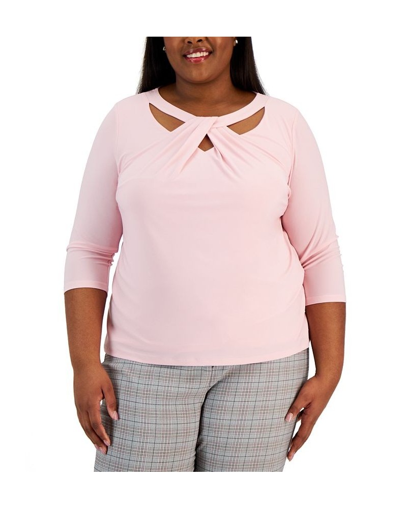 Plus Size Plaid Blazer Twist-Neck Top & Straight-Leg Ankle Pants Tutut Pink $38.71 Suits