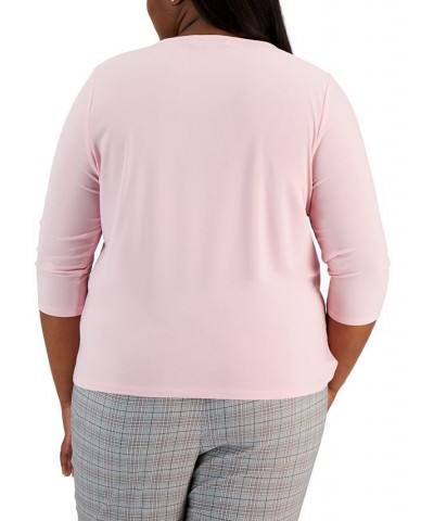 Plus Size Plaid Blazer Twist-Neck Top & Straight-Leg Ankle Pants Tutut Pink $38.71 Suits