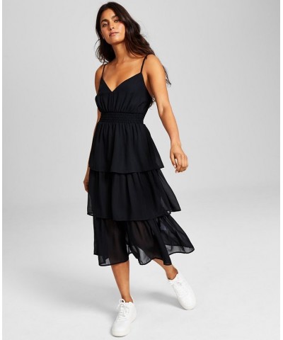 Women's Smocked Tiered Midi Dress Black $35.88 Dresses