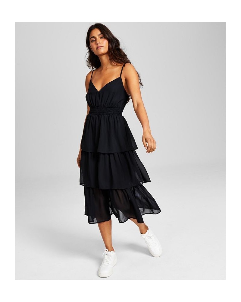 Women's Smocked Tiered Midi Dress Black $35.88 Dresses