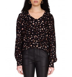 Women's Floral-Print Blouson-Sleeve Button-Front Top Black $25.89 Tops