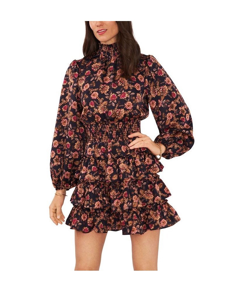 Women's Long Sleeve Smock Neck Ruffle Skirt Dress Wood Block Floral $47.26 Dresses