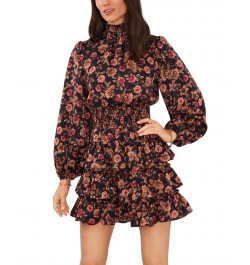 Women's Long Sleeve Smock Neck Ruffle Skirt Dress Wood Block Floral $47.26 Dresses