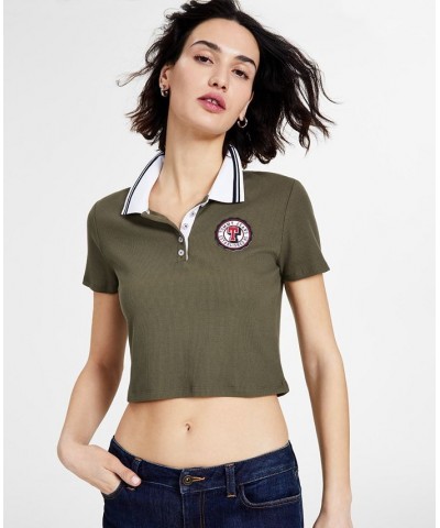 Women's Logo Patch Cropped Polo Shirt Green $19.32 Tops