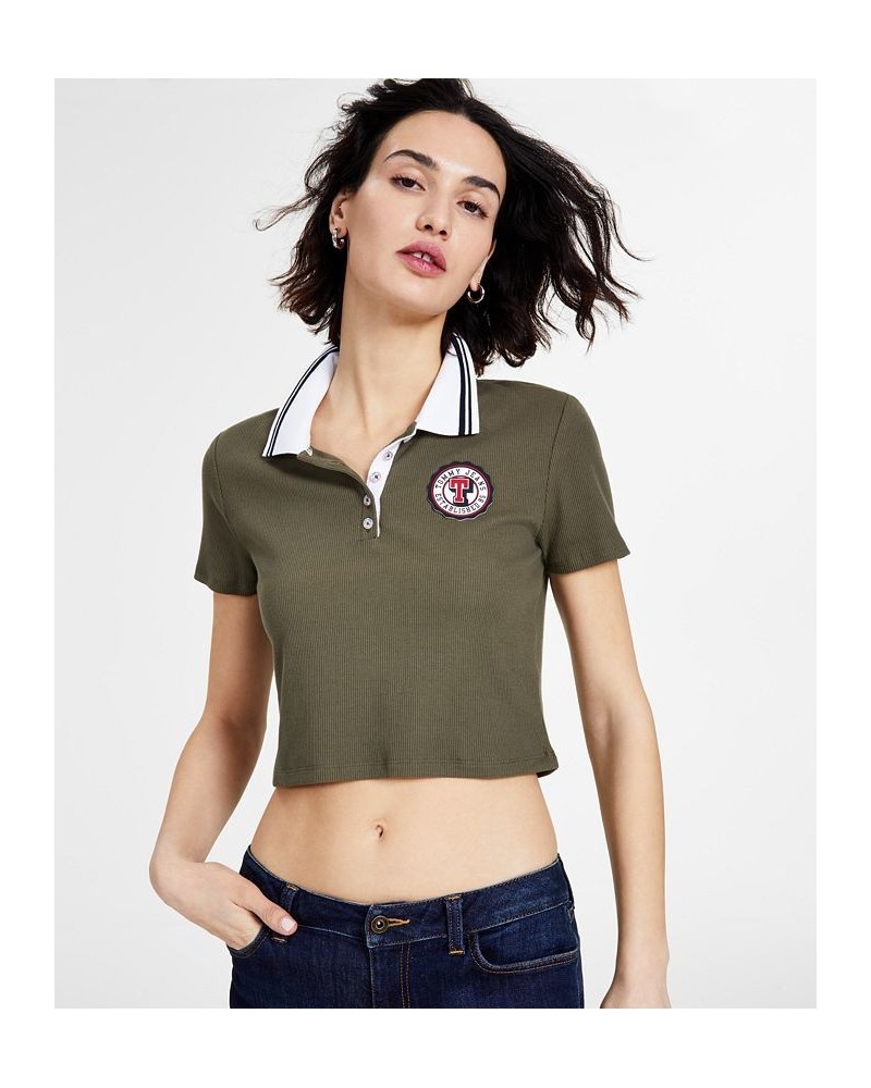 Women's Logo Patch Cropped Polo Shirt Green $19.32 Tops