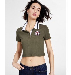 Women's Logo Patch Cropped Polo Shirt Green $19.32 Tops