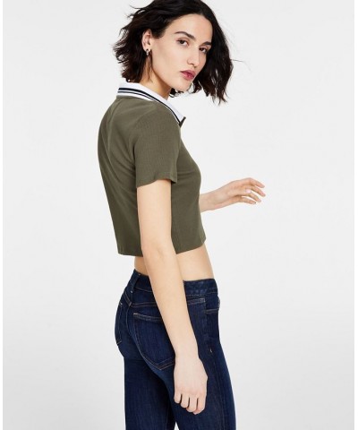 Women's Logo Patch Cropped Polo Shirt Green $19.32 Tops