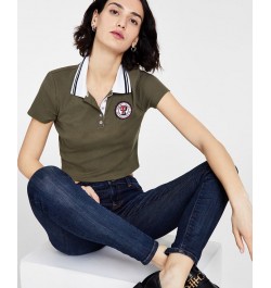 Women's Logo Patch Cropped Polo Shirt Green $19.32 Tops