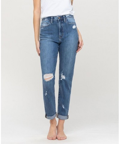 Women's Distressed Double Cuffed Stretch Mom Jeans Medium Blue $43.78 Jeans