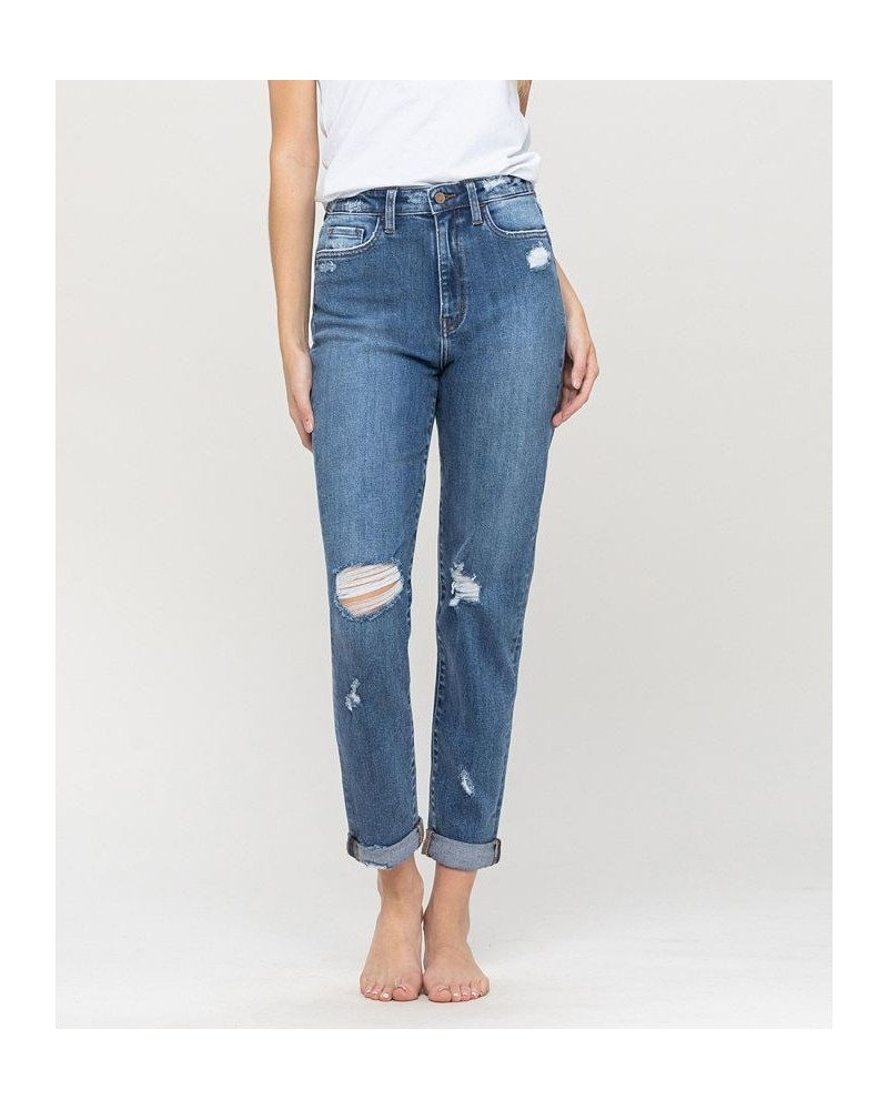 Women's Distressed Double Cuffed Stretch Mom Jeans Medium Blue $43.78 Jeans