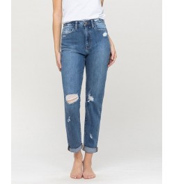 Women's Distressed Double Cuffed Stretch Mom Jeans Medium Blue $43.78 Jeans