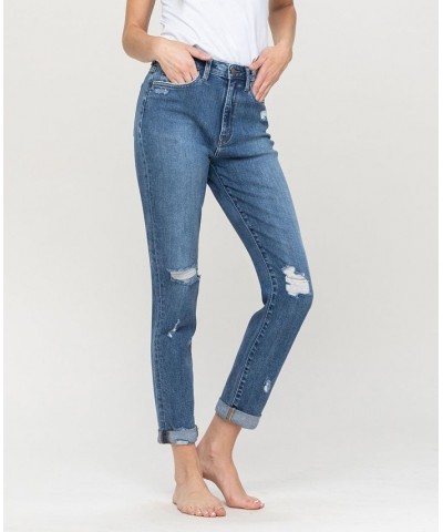 Women's Distressed Double Cuffed Stretch Mom Jeans Medium Blue $43.78 Jeans