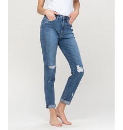 Women's Distressed Double Cuffed Stretch Mom Jeans Medium Blue $43.78 Jeans