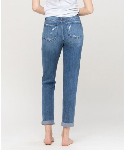 Women's Distressed Double Cuffed Stretch Mom Jeans Medium Blue $43.78 Jeans